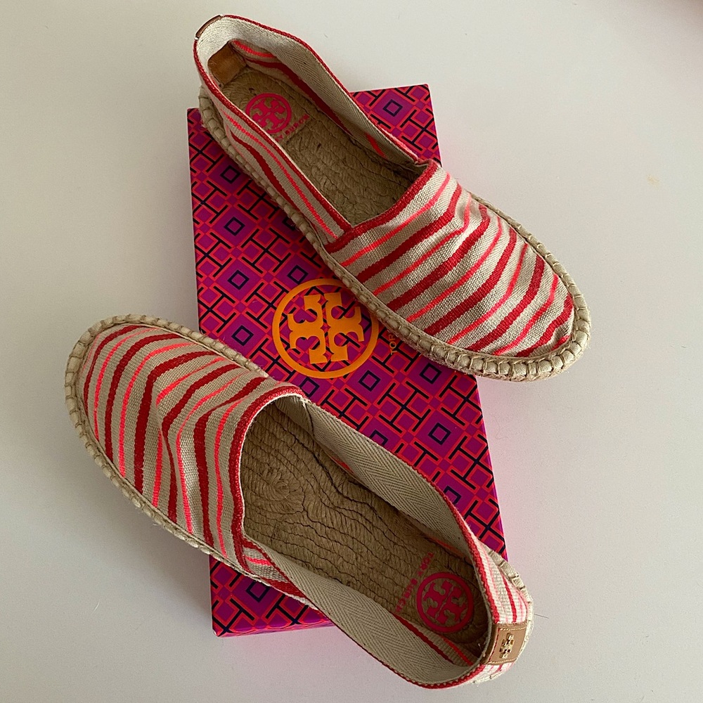 Tory Burch Slip-On Flat Canvas Espadrille - Woven Pink/Red/Natural Stripes - 8.5